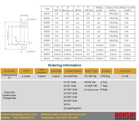 PCB Tipe Double Spring Loaded Pogo Pin Kontak Listrik Dengan 10000 Siklus Hidup