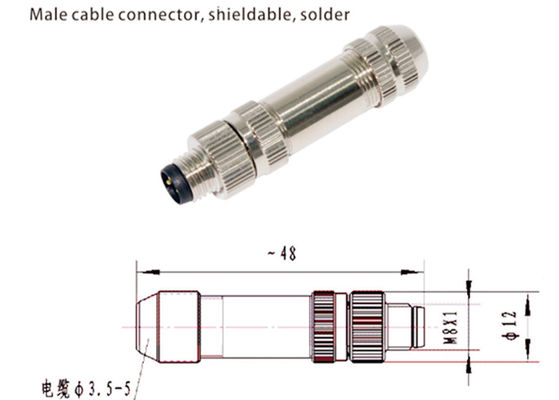 M8 IP67 Konektor Sirkular Plug Perisai Pria 3 4 5 6 8 Konektor tipe Pin Assembly